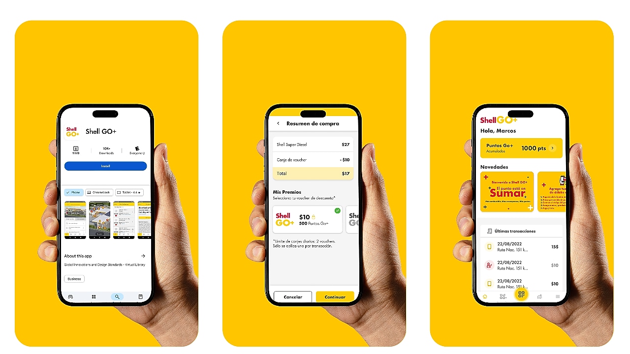 La imagen muestra tres capturas de pantalla de un teléfono móvil sostenido por una mano, con un fondo amarillo. La primera captura muestra la aplicación 'Shell GO+' en una tienda de aplicaciones, con opciones para abrir o descargar. La segunda captura presenta un resumen de compra en la aplicación, incluyendo el monto total de $87, puntos obtenidos (87), y opciones para canjear puntos. La tercera captura destaca la interfaz principal de la aplicación, mostrando novedades, puntos disponibles (1000+ pts), y promociones actuales.
